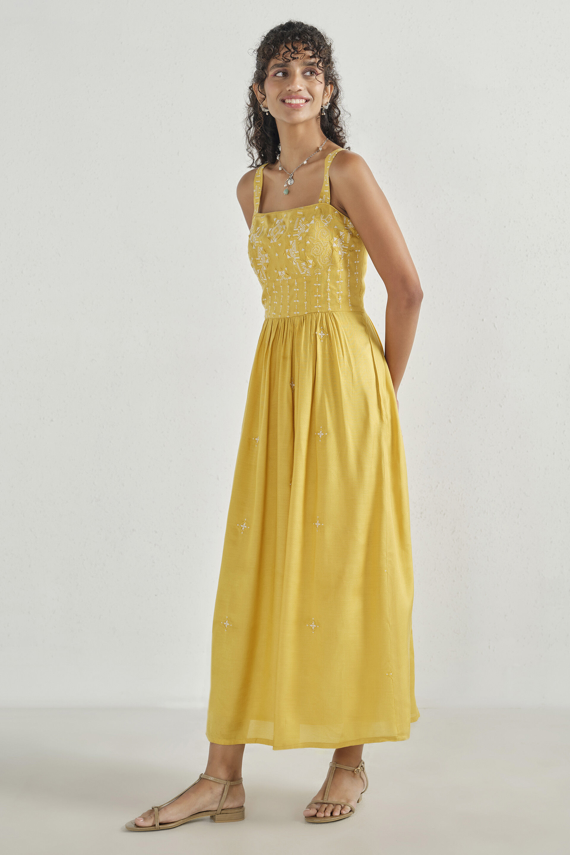 Mustard Strappy Embroidered Dress, Mustard, image 3